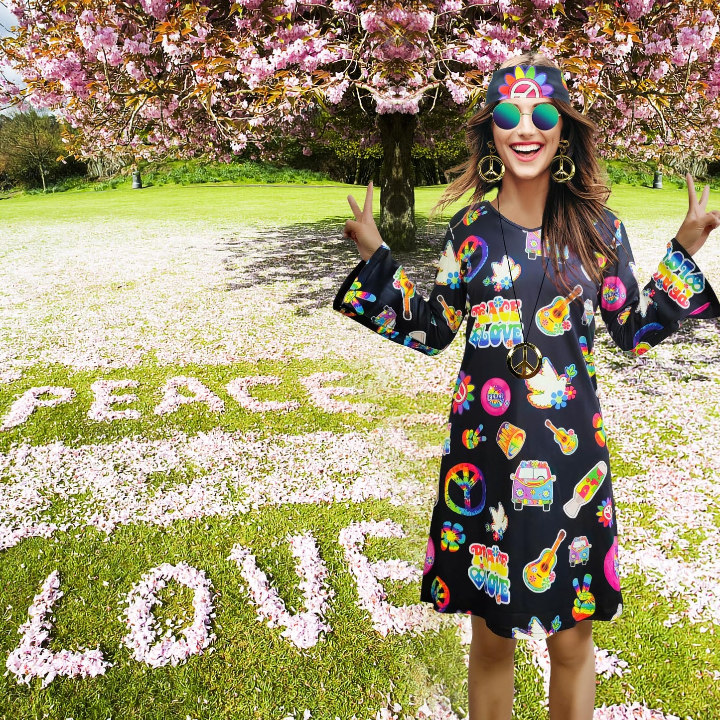 MRYUWB Women's Hippie Dress, 1970s Costume, with necklace, earrings, sunglasses, disco outfit, 1960s party costume, Halloween retro dress (Black, L)