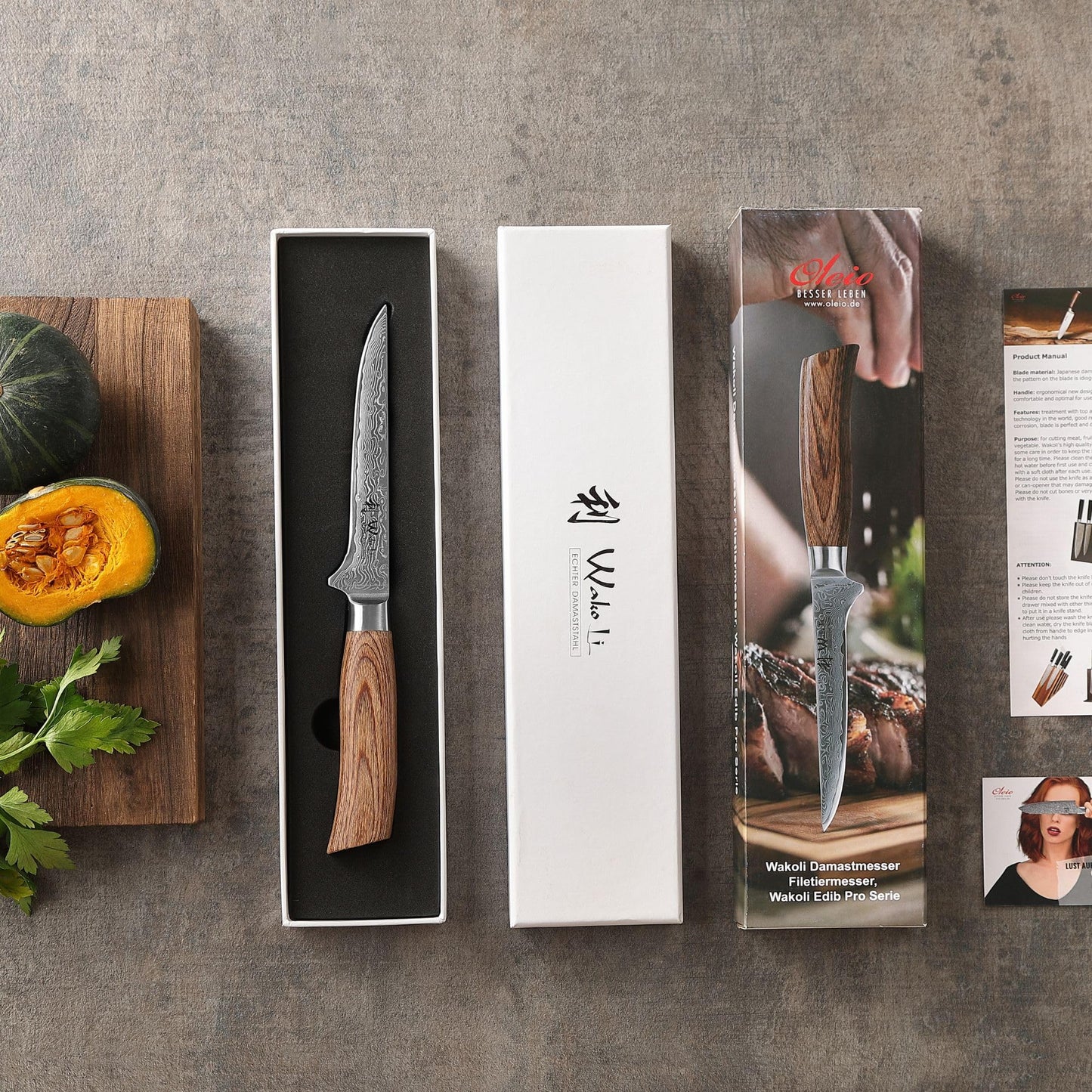 Wakoli EDIB Pro filleting knife fish | 14 cm kitchen knife made of 67 layers of Damascus steel VG10 core | boning knife with wooden handle | cutting knife for fish & meat | sharp knives in gift box