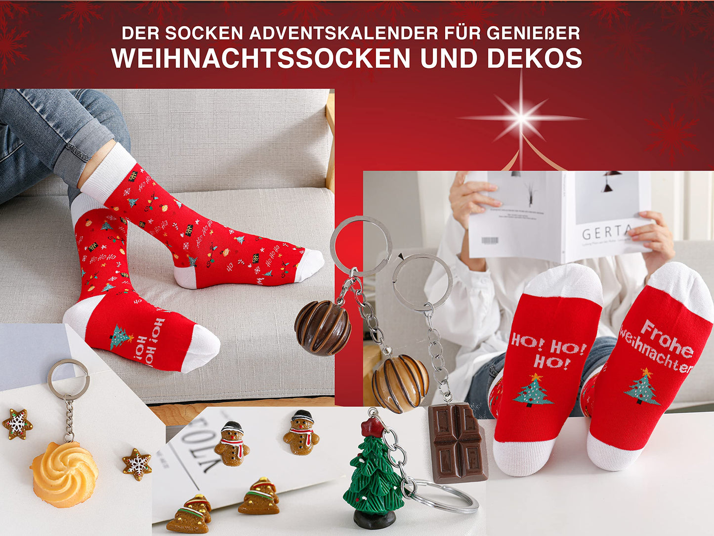Socks Advent Calendar for Women 2025: Christmas calendar, Advent gift for women. Cozy cotton socks (37-43) with quotes, keychain with food motif, gifts for Christmas.