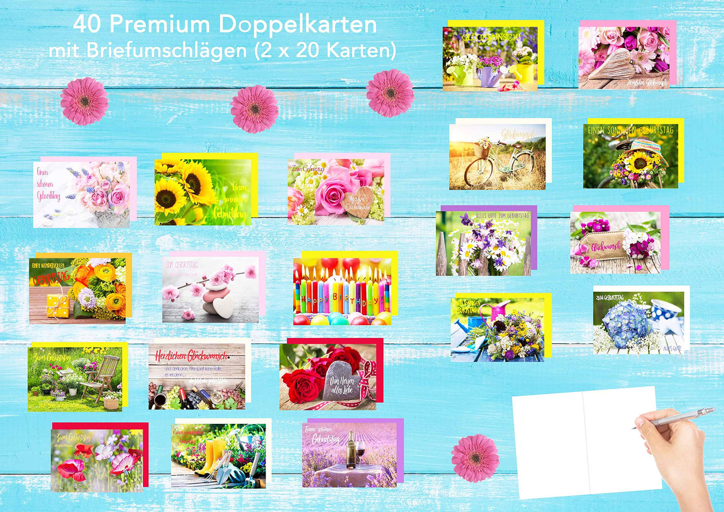 Set of 40 exclusive premium birthday cards with envelopes (2x20). Greeting card for birthday wishes. Birthday card for man and woman (folded cards).