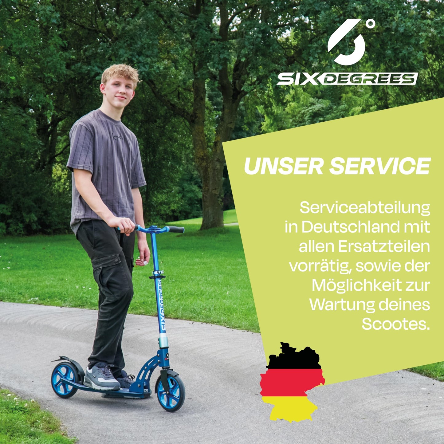 Six Degrees aluminum scooter with folding mechanism and stand, 205 mm, height adjustable, GS tested Lime Dream, TEST WINNER