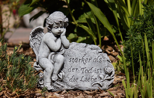 stoneandstyle grave decoration stone figure angel on rock with mourning saying, solid stone casting, frost and weather resistant
