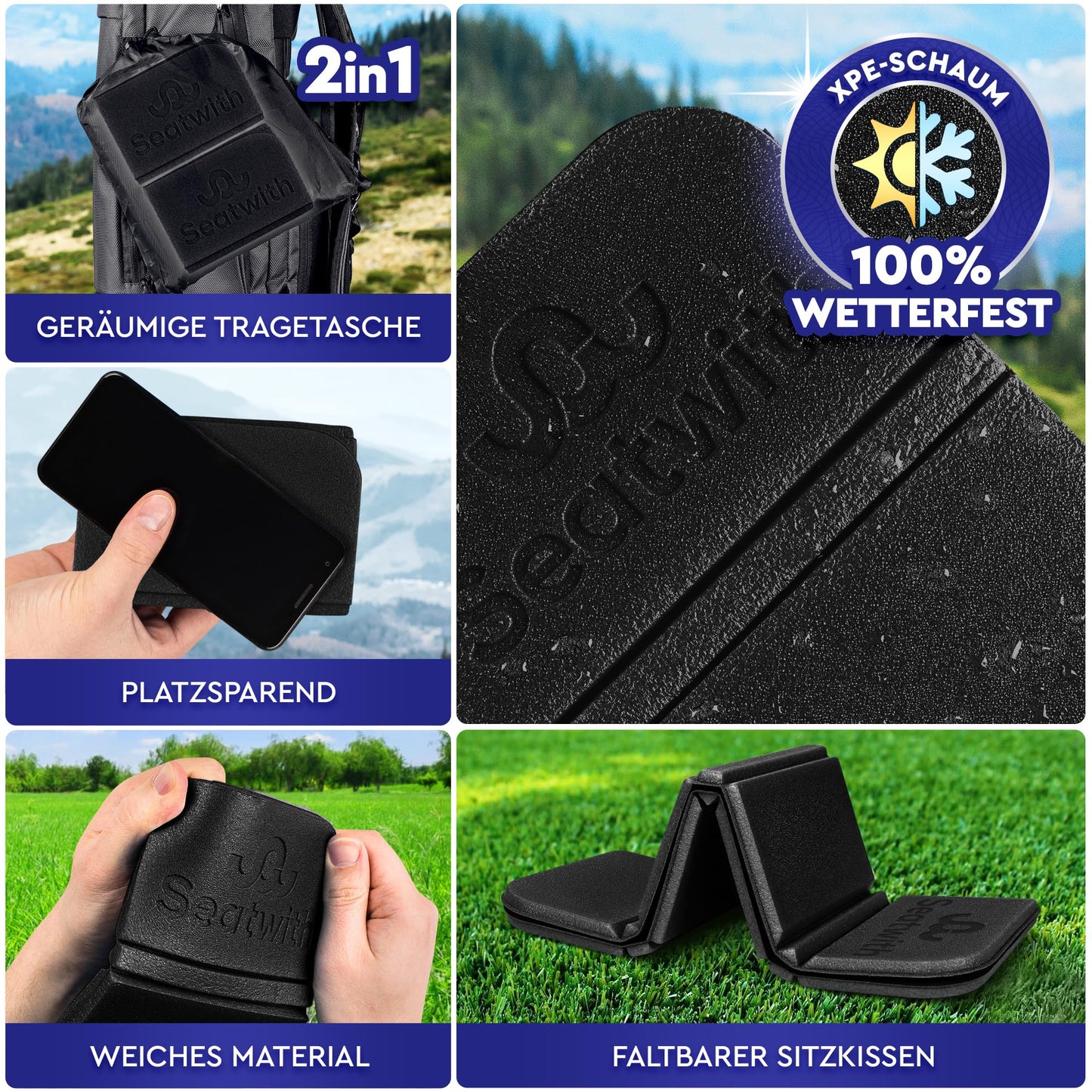 4-piece set of outdoor seat mats/foldable insulated seat cushions with carrying bag and carabiner clips for easy attachment to backpack maximum protection against cold, wetness & dirt + outdoor E-Book