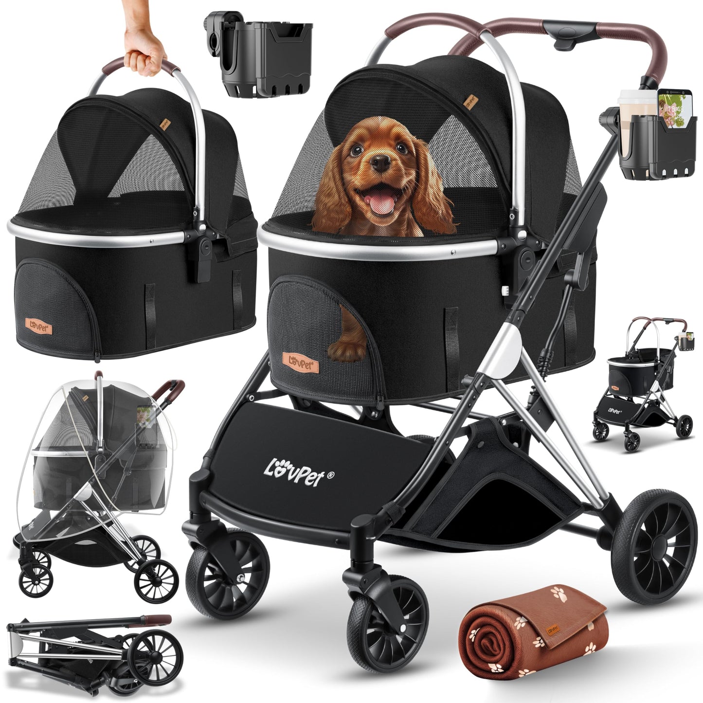 LOVPET® Dog Stroller 3in1 for dogs up to 20kg, dog crate, transport bag, foldable, collapsible, large wheels, mesh windows, rain cover, cup holder, cuddle blanket, cat stroller, jogger buggy for pets.