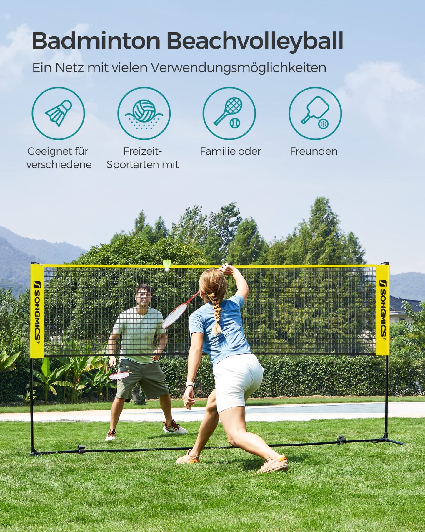 SONGMICS 3m Badminton Net, Volleyball Net, adjustable poles, portable set for tennis, beach volleyball, for garden, park, outdoor, Yellow SYQ300Y