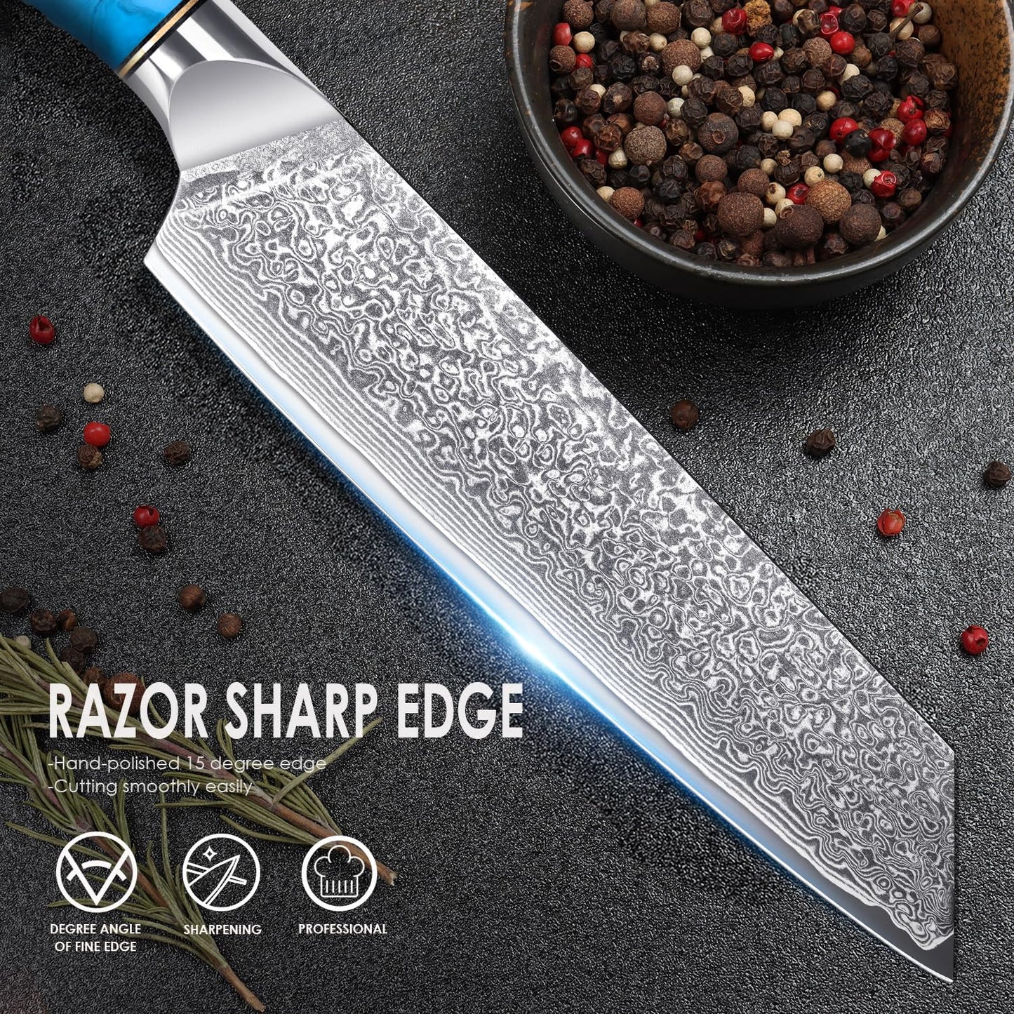 Home Safety Damascus Knife Set, 3PC Damascus Chef Knife Set Santoku Knife Set made of 67 layers Vg-10 Damascus steel, Professional Damascus Kitchen Knife Set with Ergonomic Resin Handle, Gift Box