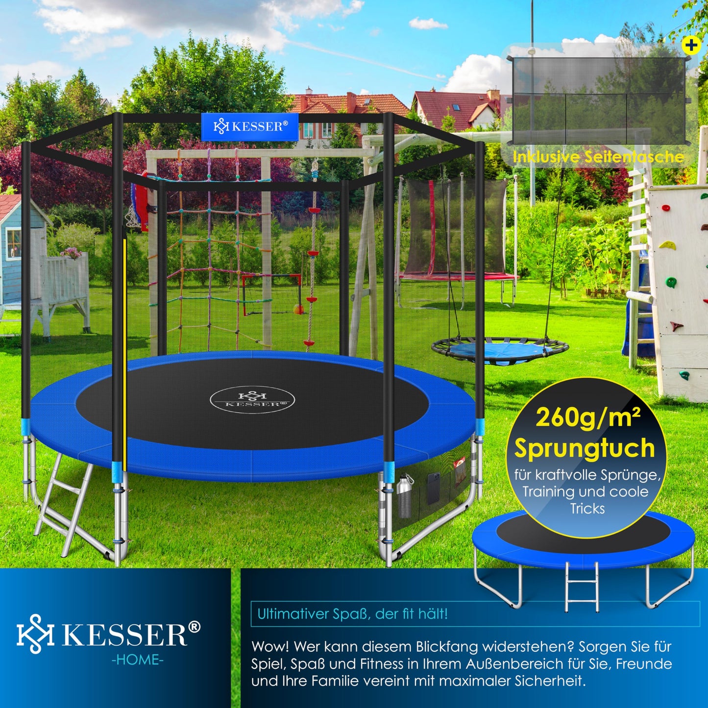 KESSER® Trampoline Outdoor Ø 244/305/366/427 cm Complete set with safety net, ladder, edge cover & side pocket and assembly accessories | Children's trampoline Garden trampoline Capacity 150 kg