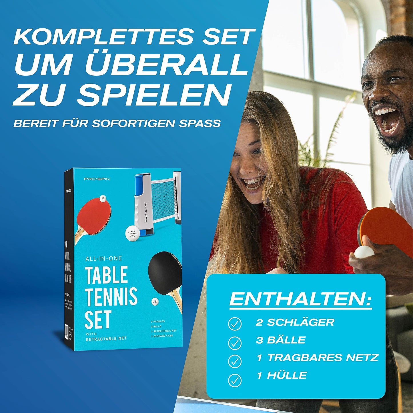 PRO-SPIN Table Tennis Paddle Set - With Table Tennis Net For Any Table, 3-Star Table Tennis Balls, Bag/Case | 2-Pack | Retractable Portable Table Tennis Net | Great Gift & Games