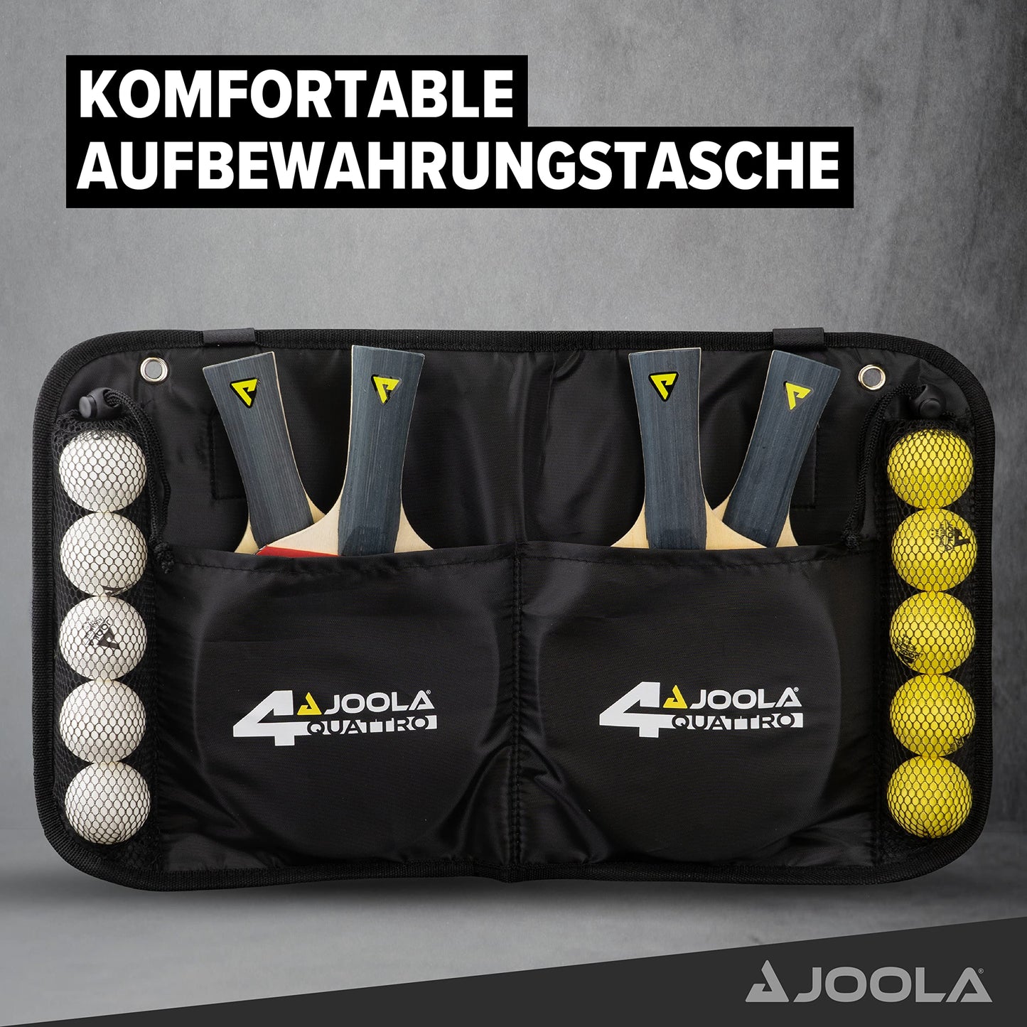 JOOLA Table Tennis Set Quattro, 4 Table Tennis rackets + 10 Table Tennis balls + Bag, 28.5x26x8.5cm & extendable portable Table Tennis net Connect, Set (adjustable length)