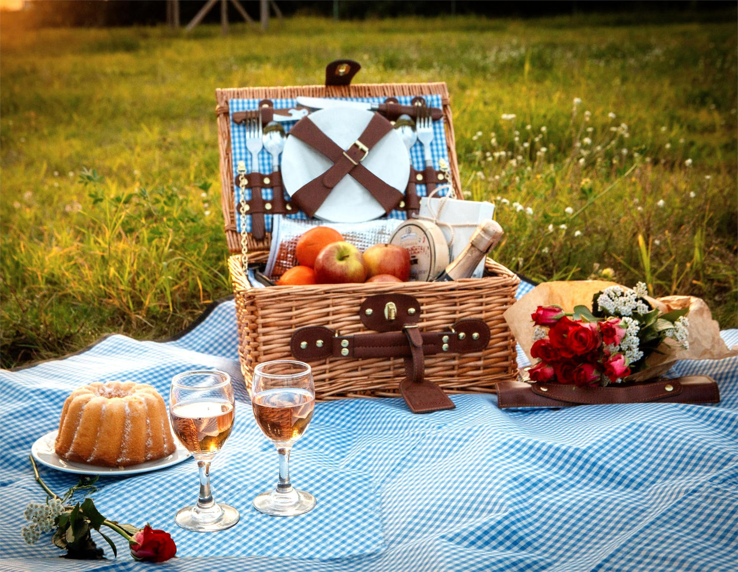 Enjoy willow wicker picnic basket for 2 with cooler & accessories β picnic set with utensils, porcelain plates, wine glasses β for camping, wedding & gift idea β BLUE