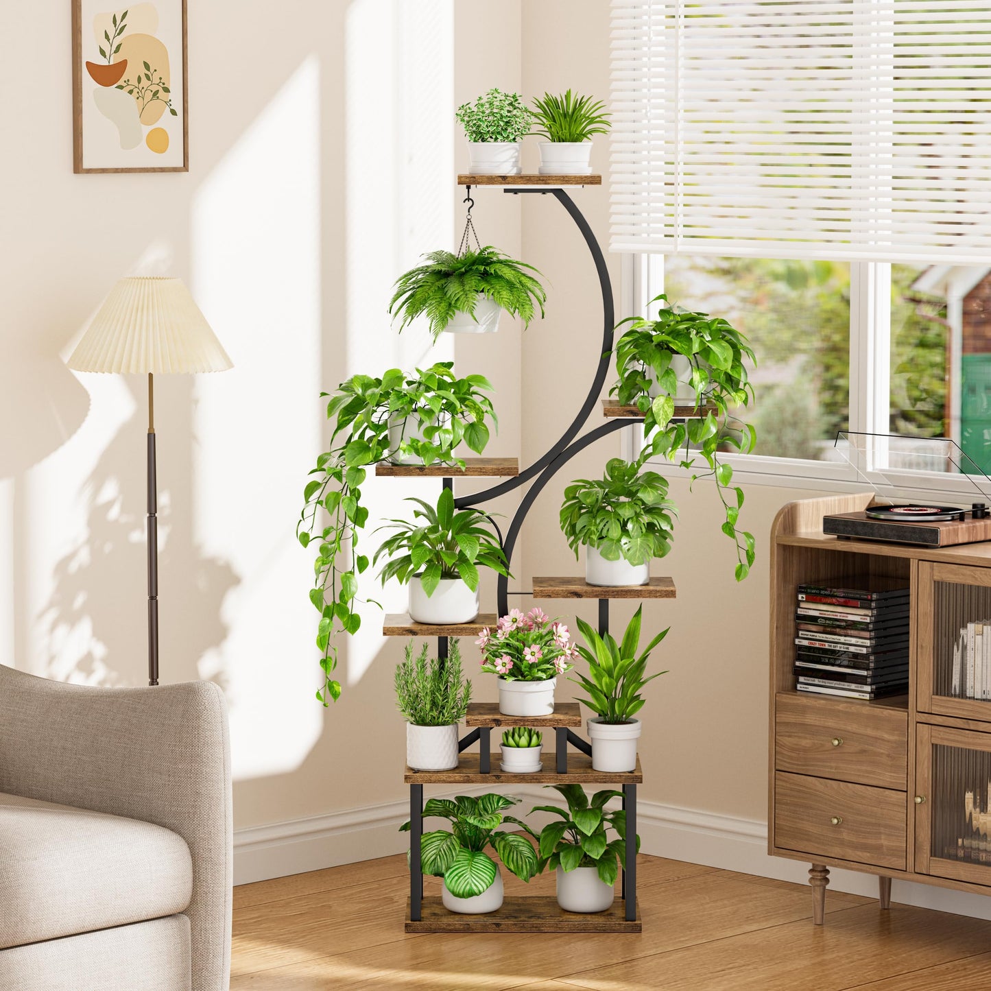 BACEKOLL Plant Stand with Grow Light - 8 Tier Flower Stand 157cm Metal Wood Plant Shelf - Indoor & Outdoor Flower Steps - Decorative Black Flower Rack for Indoor Garden Balcony