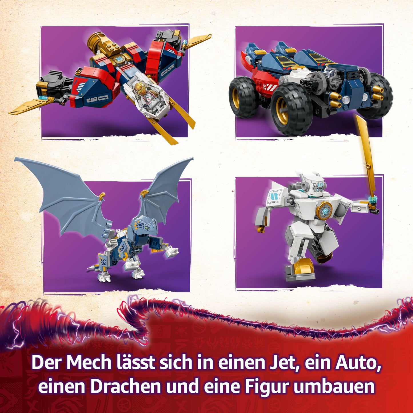 LEGO NINJAGO 4in1 Zane's Ultra Combo Mech - Toy with car model - Convertible into a jet or dragon figure - Includes 6 minifigures - Building toy for boys and girls aged 9+ 71834