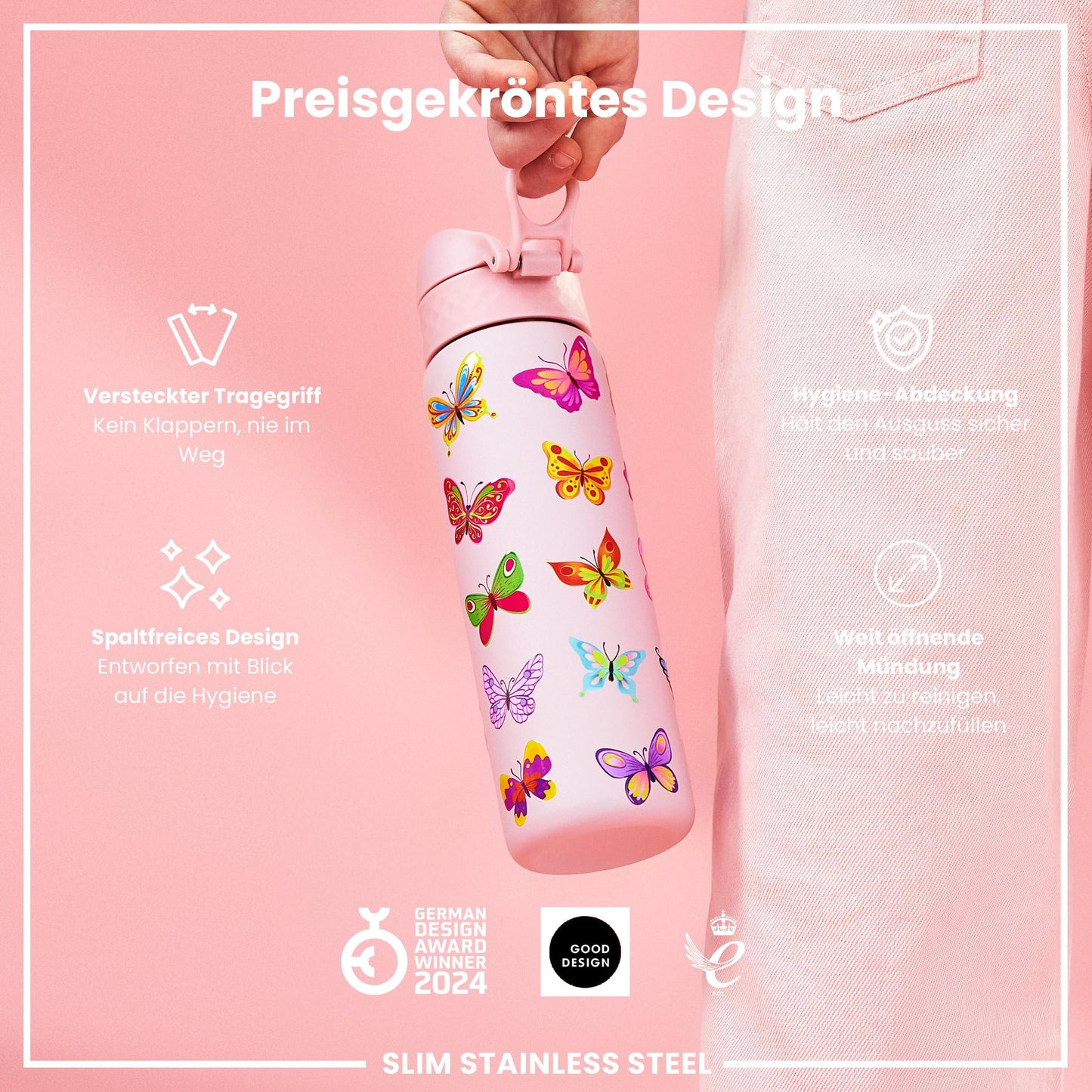 ion8 600ml stainless steel water bottle. Non-insulated, leak-proof, one-handed opening, secure locking, dishwasher safe, flip lid, carrying handle. Easy to clean, butterfly design.