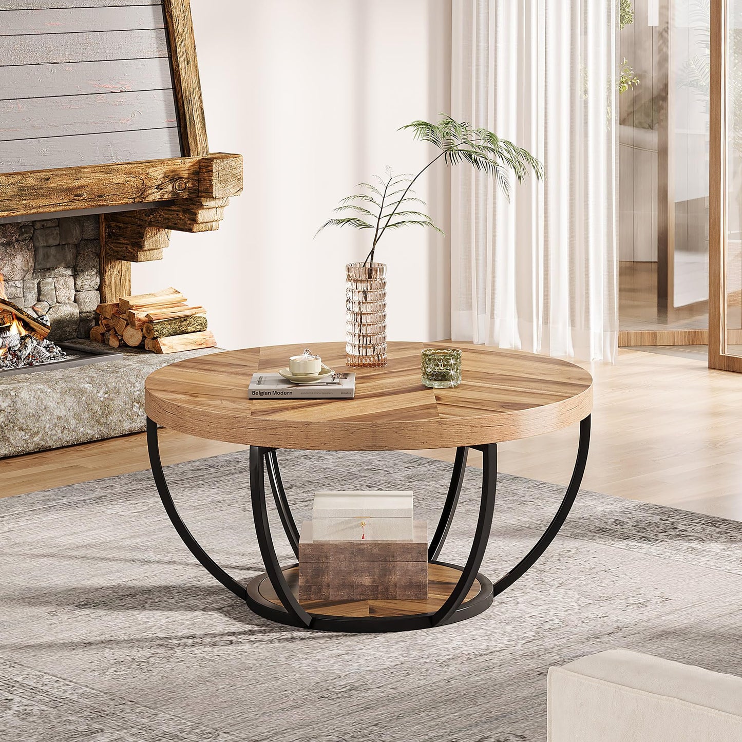 Tribesigns Round Coffee Table, Industrial 2-Tier Circle Coffee Table with Storage Shelves, Modern Wood Accent Center Table Sofa Side Table for Living Room, Home Office