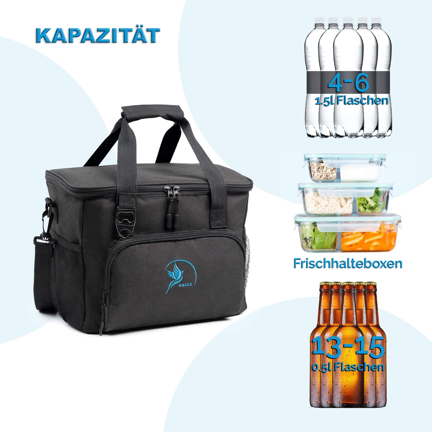 Obics small cooler bag 20l portable cooler with cooling pack - insulated freezer bag black without electricity passive picnic bag - thermal bag food bag camping, car & bike insulated lunch bag