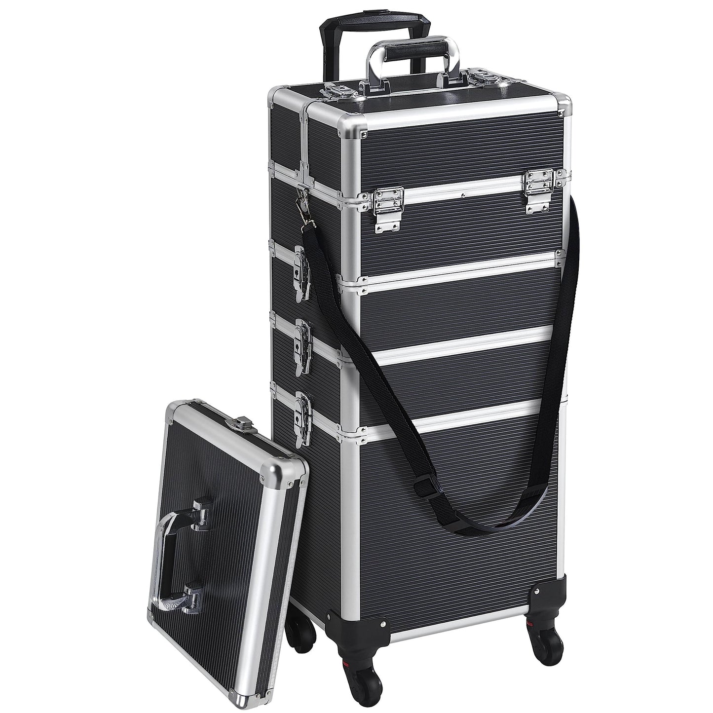 Yaheetech 5-in-1 hard shell cosmetic case, lockable makeup case, large hairdresser case with 360° rotating wheels, ample storage