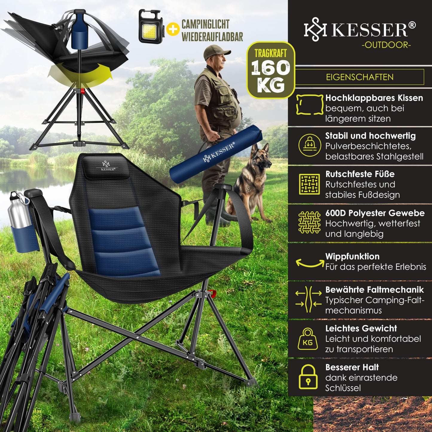 KESSER® Camping chair foldable rocking chair up to 160 kg | Fishing chair folding chair padded | Camping light and drink holder + bag with high backrest | Beach chair with rocking function