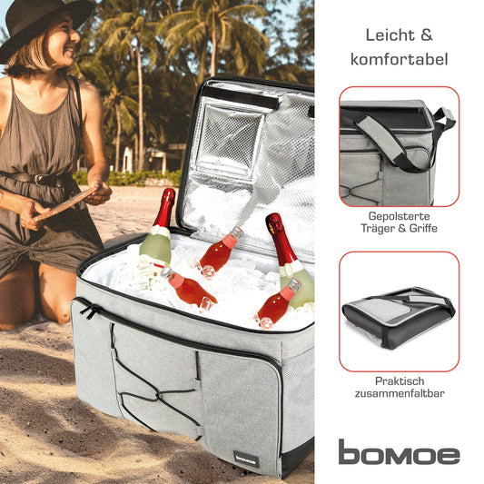 Bomoe 45 liter cool bag foldable - outdoor cool box with 16h cooling function and carrying strap, waterproof picnic bag thermal bag with storage space, insulated bag gray - IceBreezer KT43