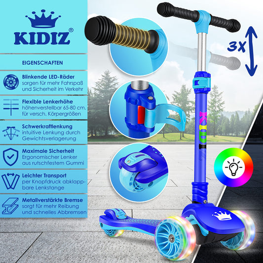 KIDIZ® Roller Kids Scooter X-Pro2 Trike Scooter with PU LED Light-Up Wheels Children's scooter foldable kick scooter adjustable height city scooter kids scooter for boys girls 3-12 years, Blue