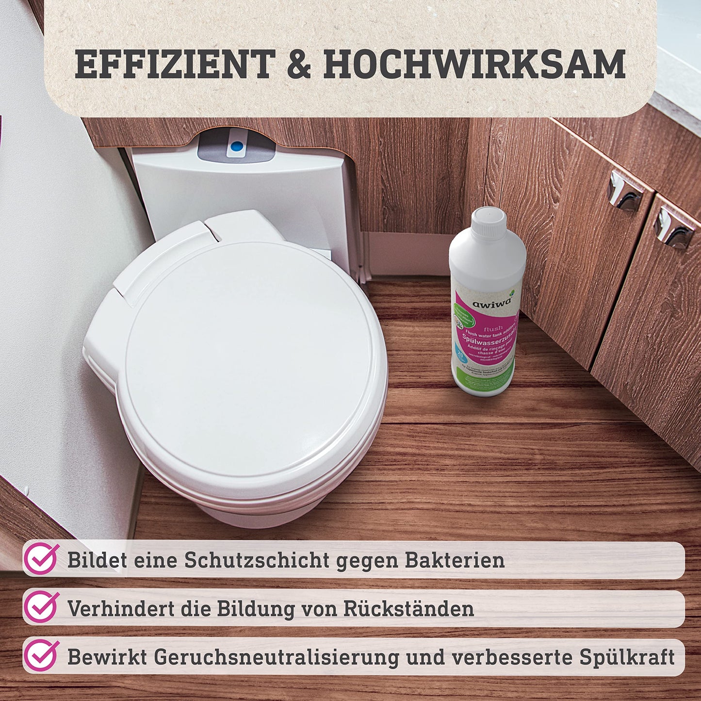 awiwa flush Camping Toilet Additive for Flush Water Tank (1.0l) - microbiological flush water additive for camping toilets - highly effective concentrate for hygienic cleanliness & long-lasting freshness