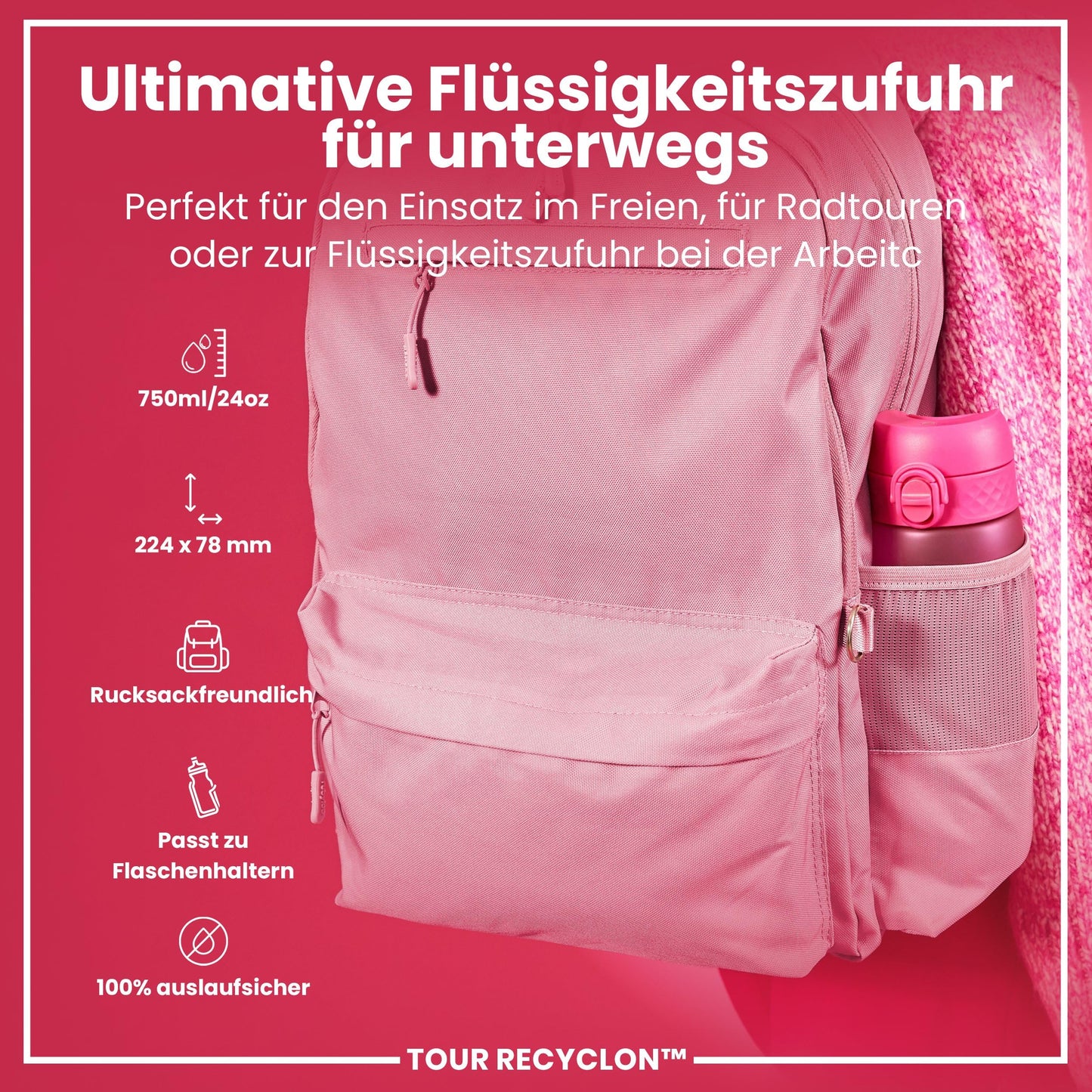 ion8 water bottle, 750ml, leak-proof, one-handed opening, secure lock, dishwasher safe, BPA-free, carry handle, flip lid, ergonomic grip, easy to clean, climate neutral, pink