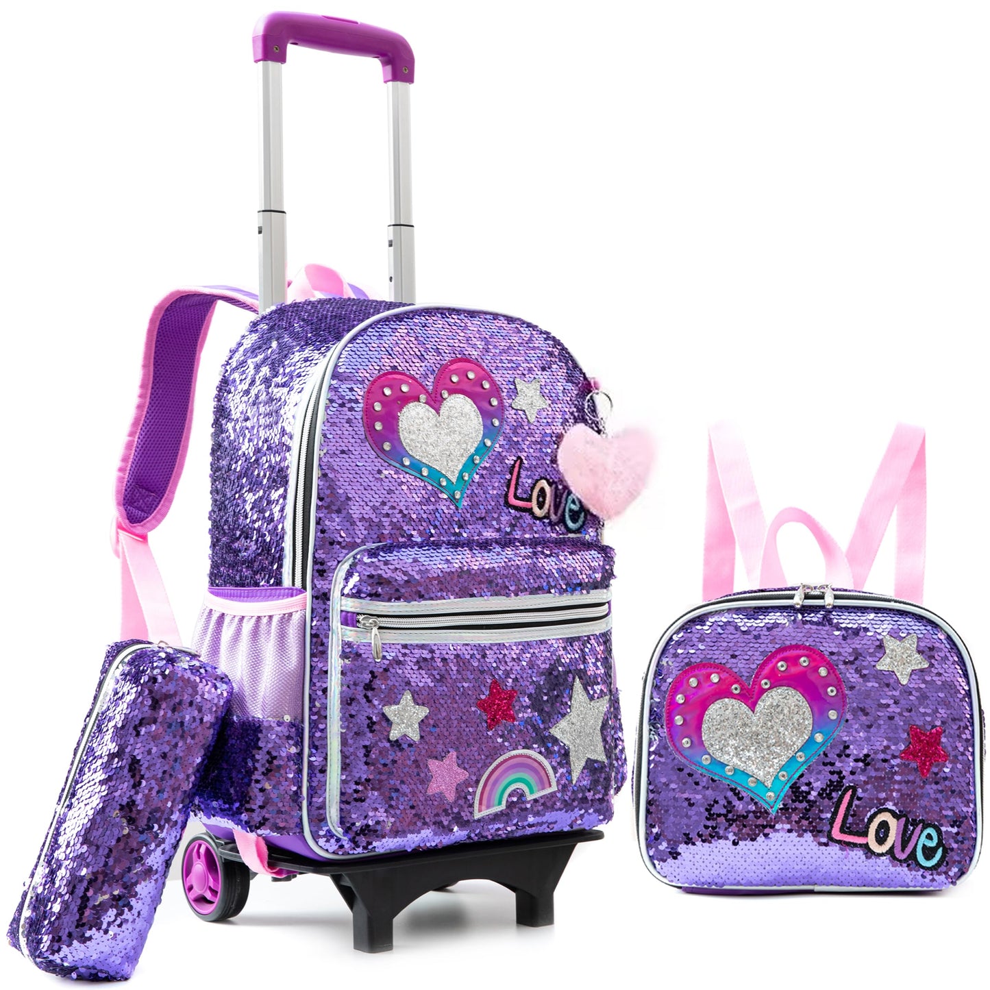 HTgroce Purple Love Trolley Backpack with Wheels, Pencil Case, Lunch Bag 3 in 1 Sequin Rolling School Bag for Girls, School Bag Sets Perfect for Children Students in Grades 2-6