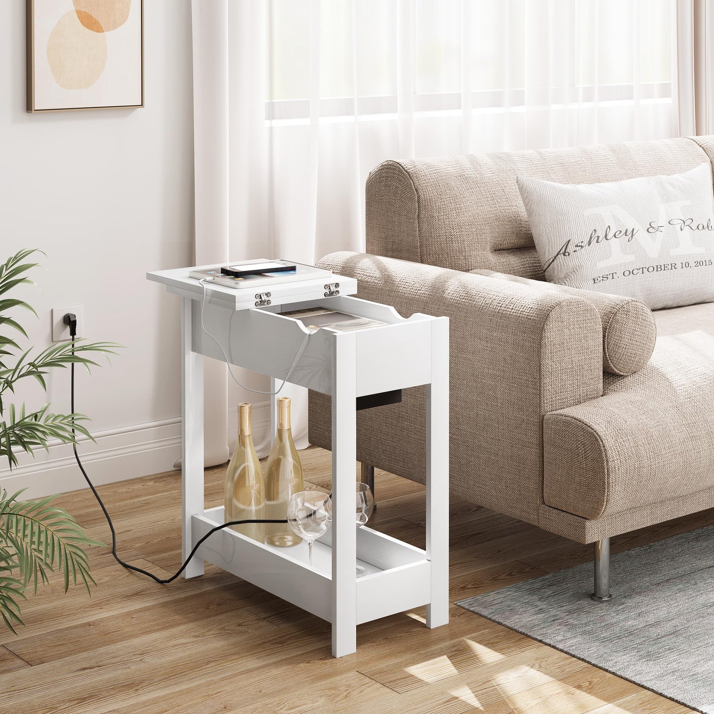 EUGAD Side Table, Bedside Table with Socket, Coffee Table, End Table, Console Table, Foldable Tabletop, 3 Shelves, for Living Room Bedroom Kitchen, White, 0001CHJ