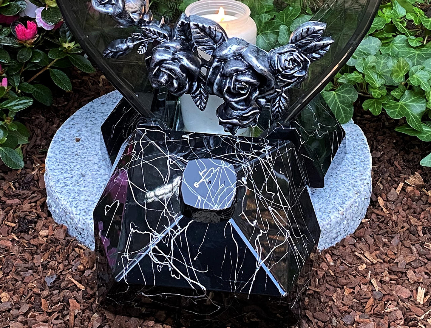 Garden Paradise Handmade Grave Lamp Lantern Heart Shape with inscription NEW - Grave Candle Grave Candle Grave Decoration 33 cm H.! New Model incl. Candle, Black Marble Effect / Hand painted, HEART-3
