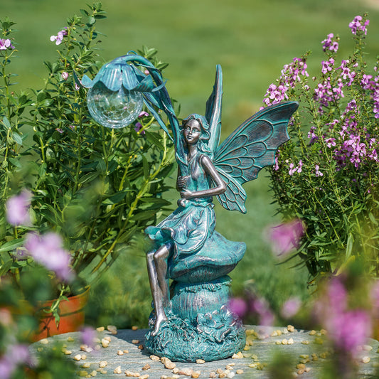 TERESA'S COLLECTIONS Outdoor garden decor, garden statues for outside, 35cm sitting fairies with solar glass ball lighting made of polystone, bronze fairy statue solar fairy.