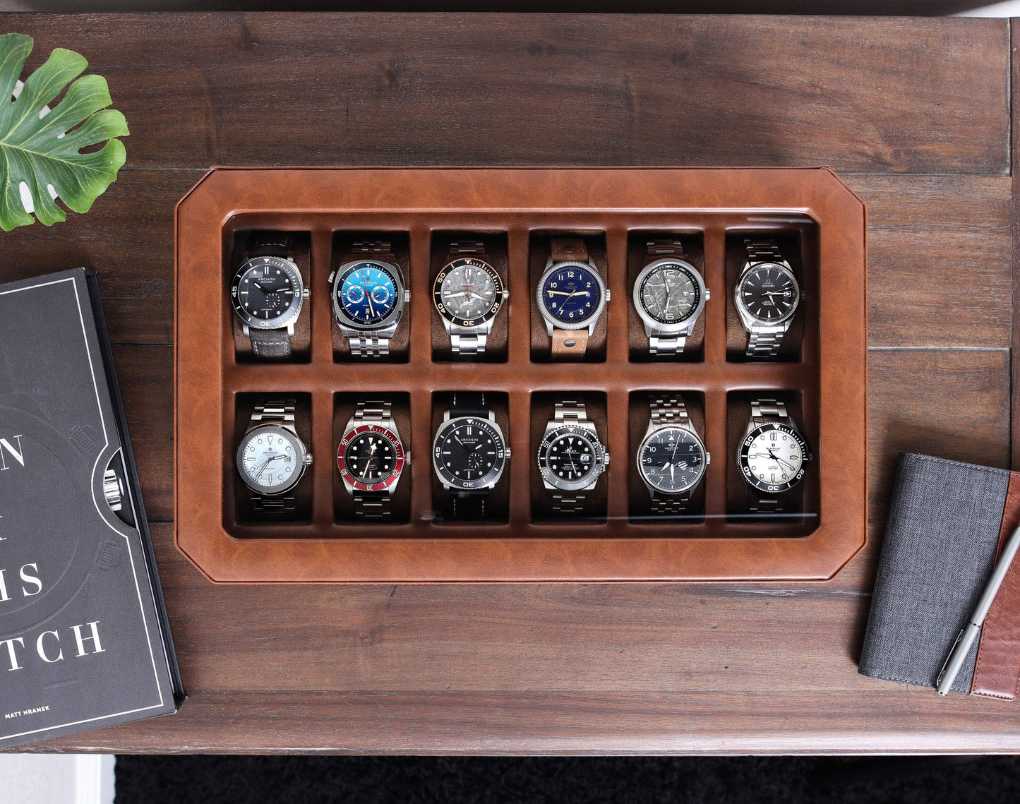 ROTHWELL 12 Slot Leather Watch Box for Men - Luxury Watch Case Display Organizer, Men's Storage Boxes Holder with Large Glass Lid (Black/Gray)