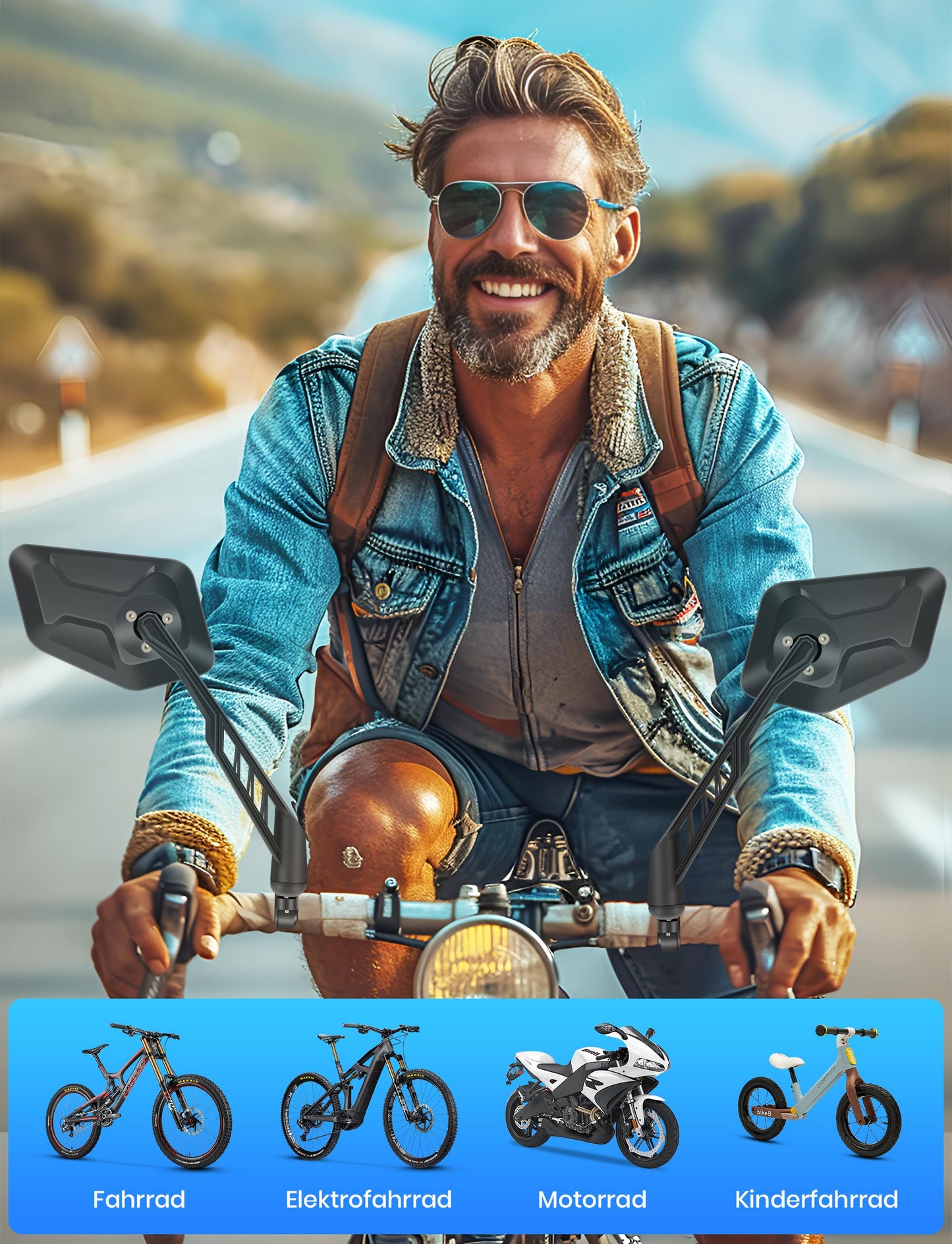 COICER bike mirror (right+left) with extra large mirror surface - 360° adjustable bike mirror for E-bike & E-scooter handlebars - rearview mirror compatible with all models (set right+left)