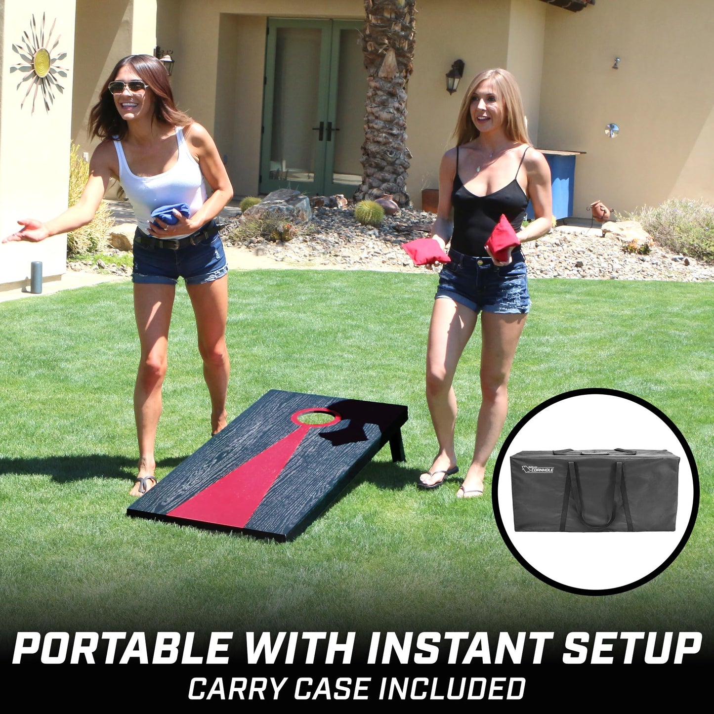 GoSports Cornhole Set, regulation size wooden boards (120 x 60 cm), dark wood design, 2 boards, 8 bean bags, carrying case, and game rules.