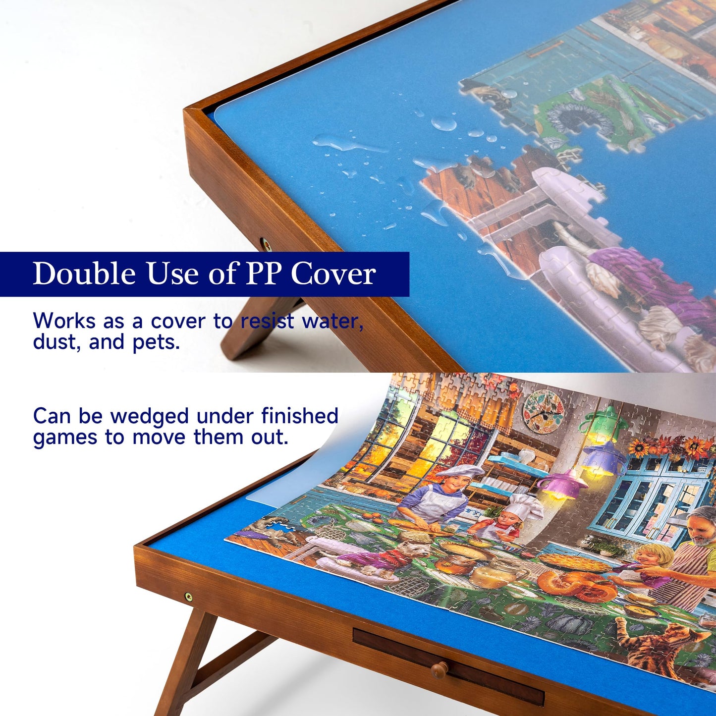 Tektalk puzzle table with foldable legs & tiltable stand, puzzle board with PP cover & 6 colorful drawers, suitable for 1500, 1000, 500 puzzle pieces.