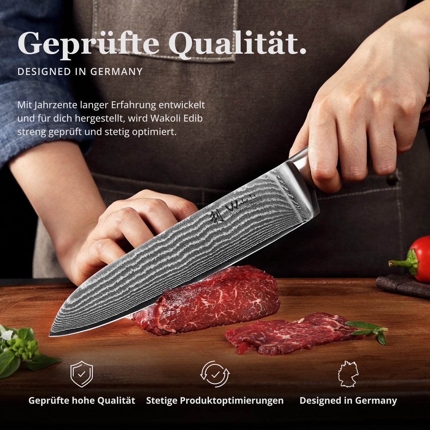 Wakoli EDIB Damascus Santoku Knife, 17cm blade, 67 layers of Damascus steel, VG10 core & Pakka wood handle. Sharp kitchen knife, Damascus knife in gift box for amateur & professional chefs.
