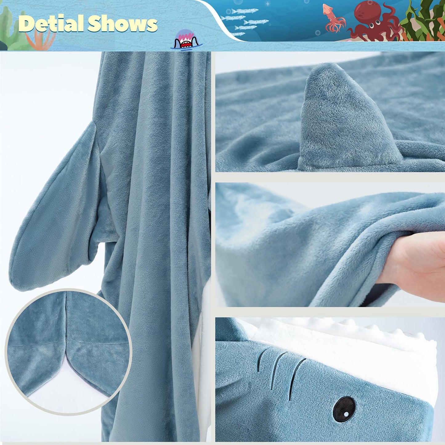 QUSLLIS Shark Blanket - Shark Blanket - made of super soft, cozy flannel with hood, shark tail, blanket hoodie, sleeping bag, portable blanket for adults and children - XL