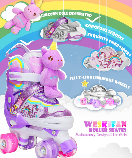 Children's unicorn doll roller skates for girls, adjustable in 4 sizes with glowing wheels. Quad roller skates for beginners, perfect for Christmas and birthday gifts. Size S (30-33).