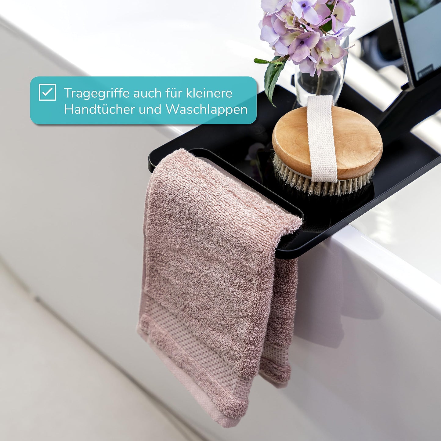 eluno acrylic bathtub caddy with drink holder and tablet slot, approximately 90 cm (black/high gloss)
