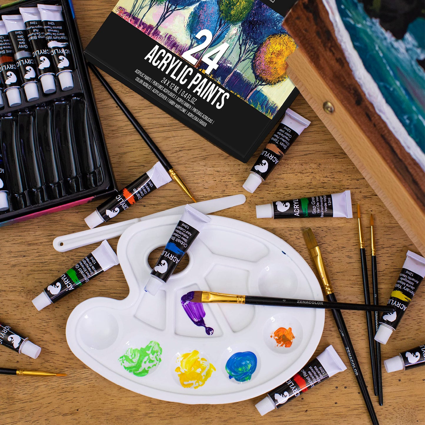 Acrylic paint set for artists 34-piece - with wooden carrying case for adults, easel, 24 tubes of acrylic paint, 6 paintbrushes, canvas, palette knife, and mixing palette.