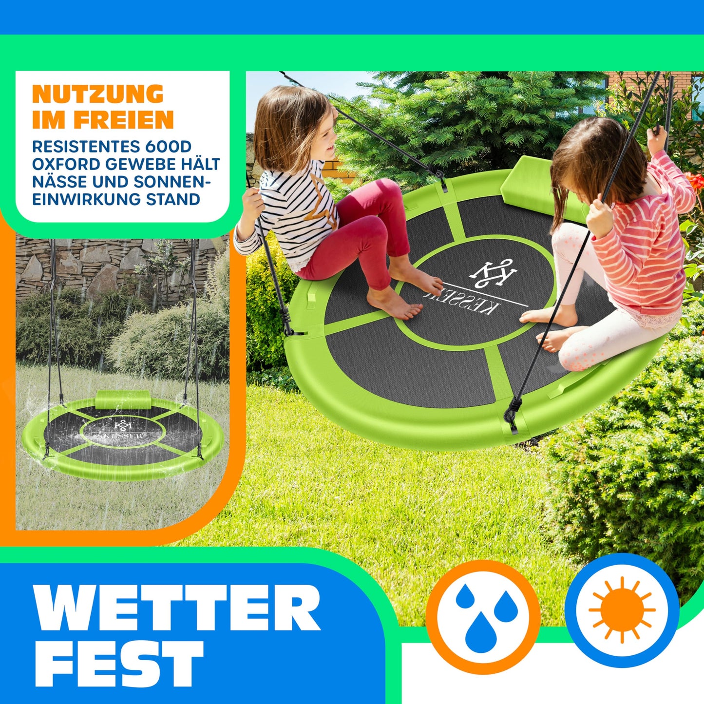 KESSERยฎ Nest Swing Plate Swing Hanging Swing Round Swing ร 100cm Swing load capacity up to 300kg with cushion & 4 handles adjustable Kids Swing Indoor & Outdoor for Children & Adults Green