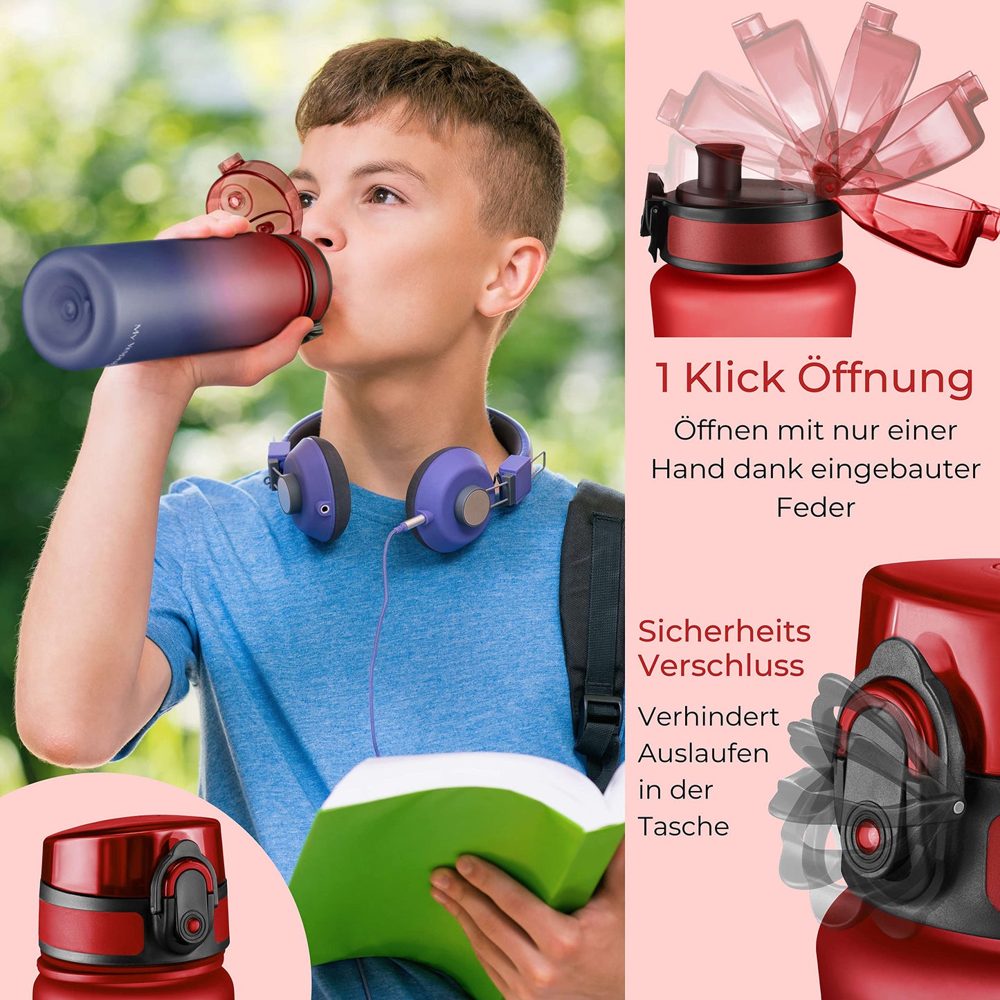 My Vesperbox Minny Kids Water Bottle 500ml - Leakproof & BPA-free - includes spare seal, cleaning brush, fruit infuser & optional straw - perfect for school, kindergarten & sports.