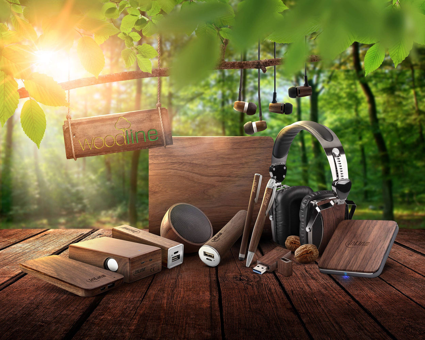 InLine 55358 wood on-ear, headset with cable microphone and function button, walnut real wood, black