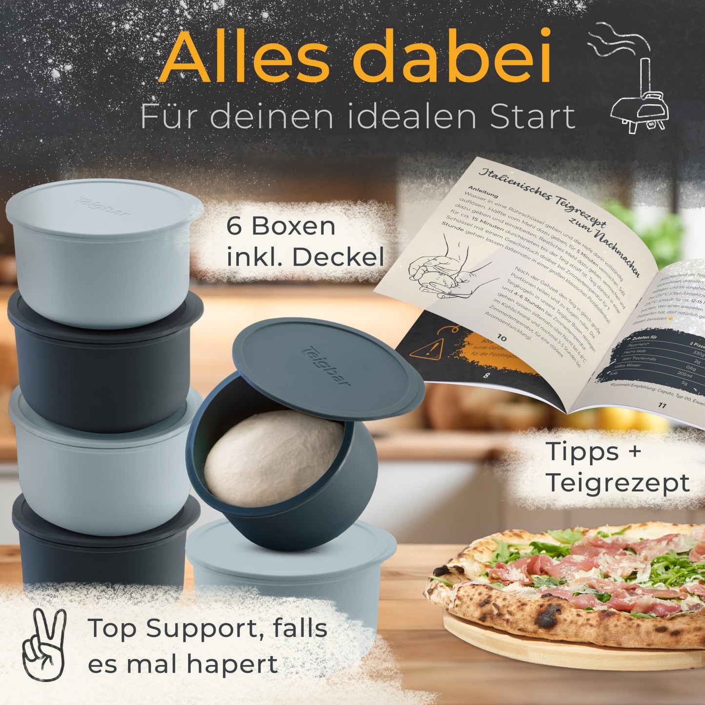 Malleable pizza dough ball box with lid, set of 6 - space-saving dough box made of easy-release silicone - up to 350g pizza dough box - proofing box, pizza accessory, pizza box - black/gray - Γ13cm
