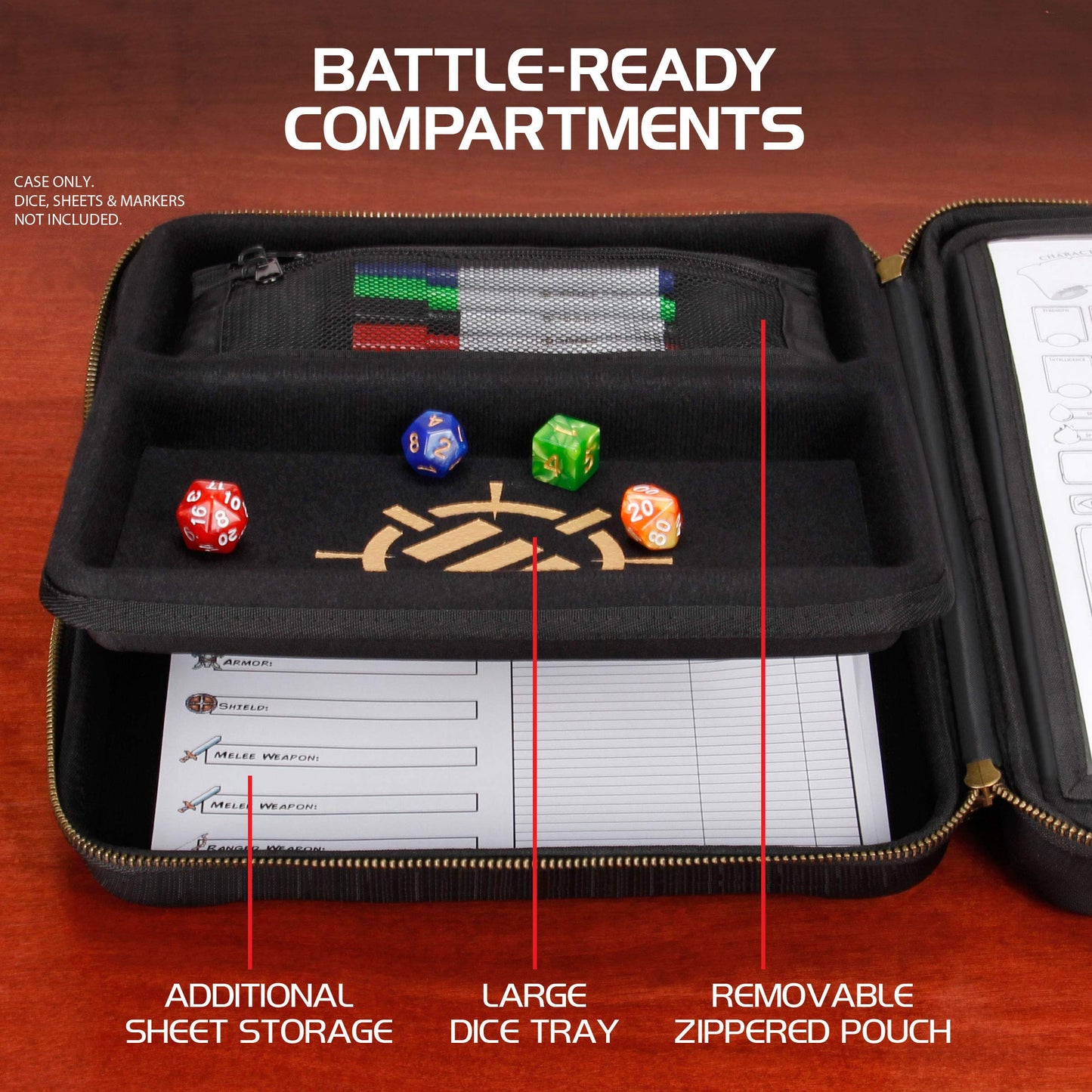 ENHANCE RPG Organizer Case - D&D folder with integrated character sheet holder, dice rolling area, removable pen pocket, miniature foam storage (Black)