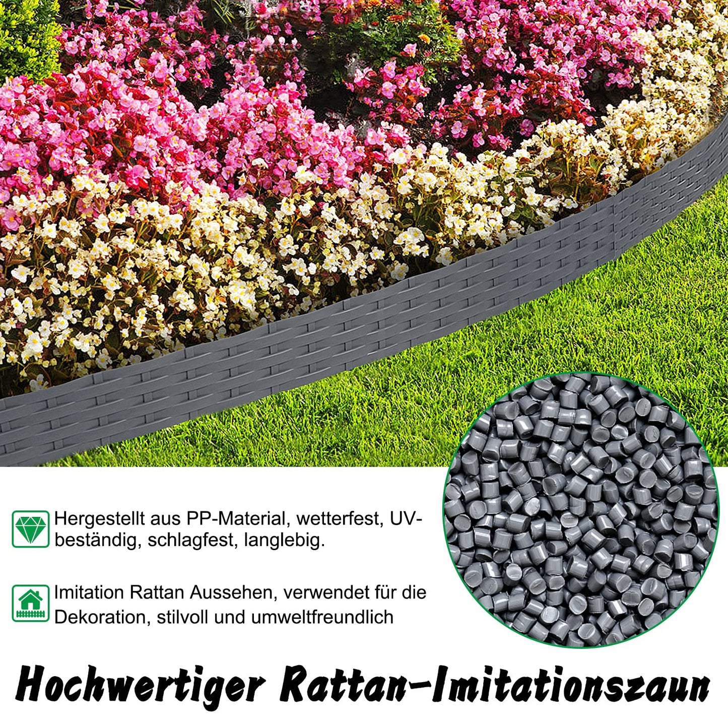 5m Rattan lawn edging plastic with 5 elements of 100 cm each. Rattan-look design, flexible for garden borders. Bendable edging for lawns, flower beds in anthracite color.