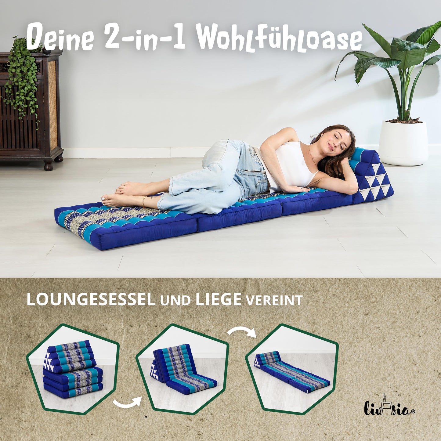 Livasia Thai pillow with 3 pads - 175x50x8cm - triangle pillow with folding mattress, wedge pillow Kapok, foldable back pillow, Thai mat for folding, handcrafted, meditation pillow (Blue)