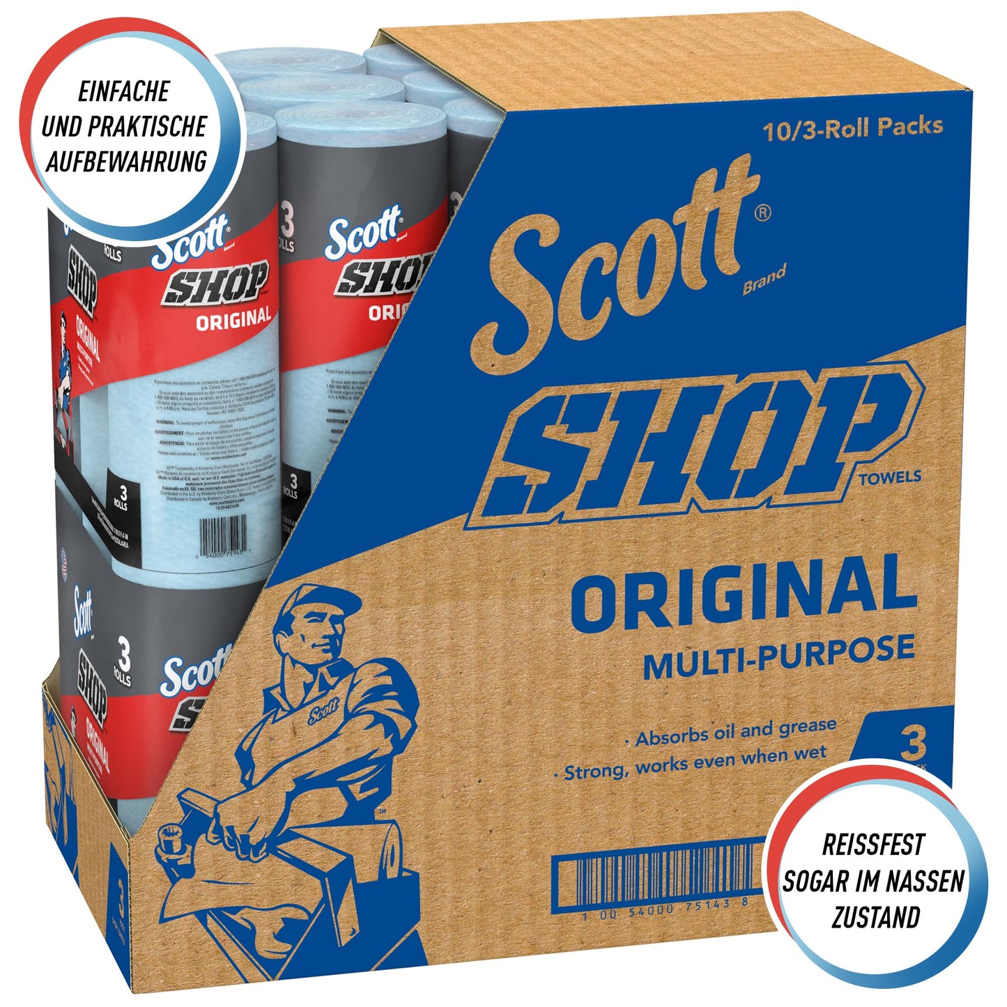 Scott Shop Towels Original 75143 - Durable cleaning cloths in blue - 10 packs of 3 blue rolls with 55 disposable wipes each (1,650 total paper wipes) - Wipes