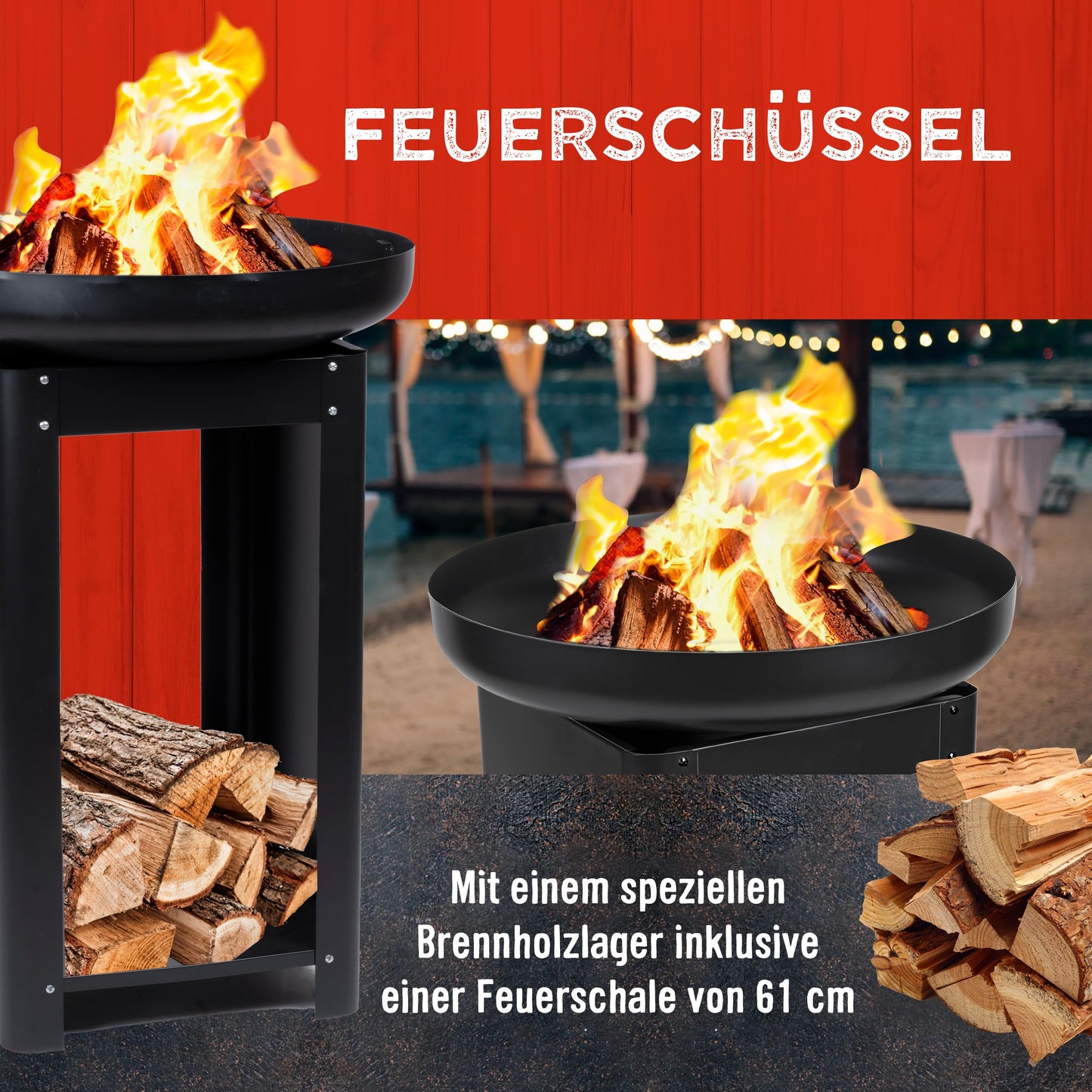 BBQ Collection 3-in-1 fire pit with grill grate - fire basket 61 x 90 cm - outdoor kitchen with Teppanyaki and BBQ grill plate - Plancha BBQ with wood storage - garden fireplace for outdoor use - metal.