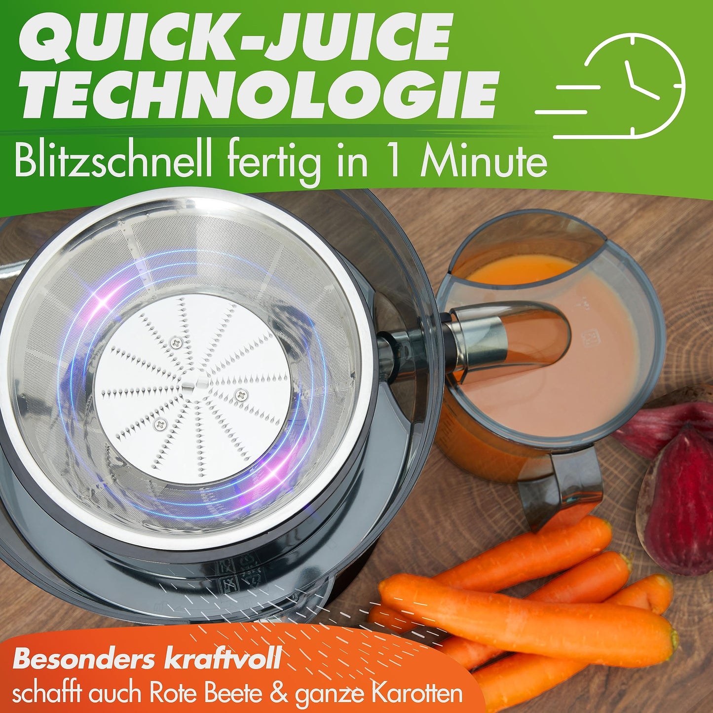 Nutrilovers *award winner* QUICK-JUICER Juicer Stainless Steel for Fruits and Vegetables I XXL chute for juicing whole fruits, 800W, 2 speeds, BPA-free incl. drinking bottle + recipe book & app