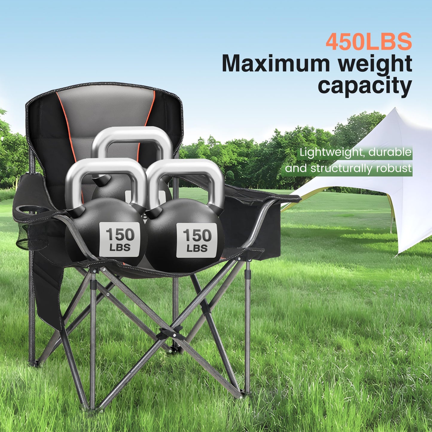 HIGH POINT SPORTS Folding Camping Chair 2-Pack 440lbs Foldable Padded Chair with Cup Holders XXL Folding Fishing Chair with Armrests Outdoor Chair Black