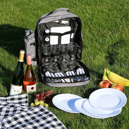 Campfire picnic backpack for 4 people | Gray | 31-piece picnic set | includes bottle holder, large cooler compartment, dishes, and cutlery